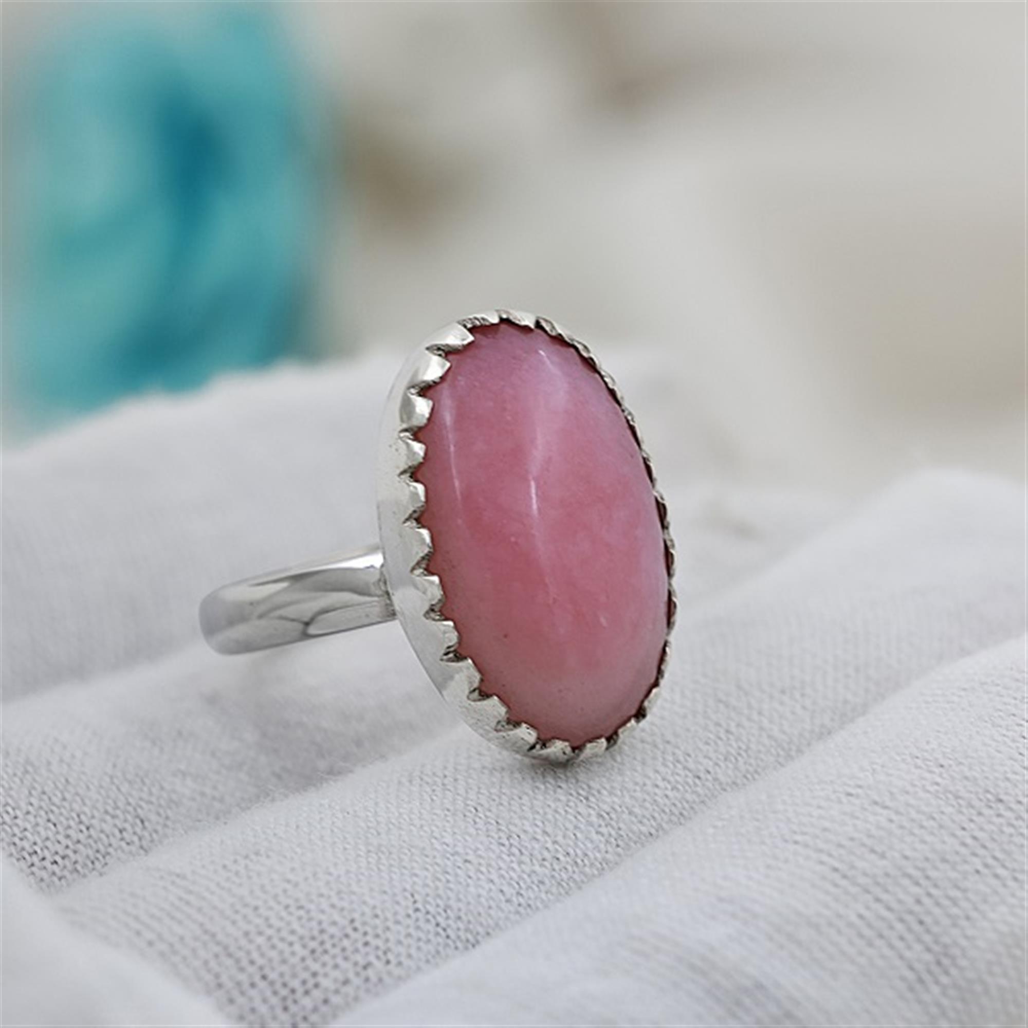  Elegant Oval Pink Opal Ring in Sterling Silver with Beaded Edge Design US 9 