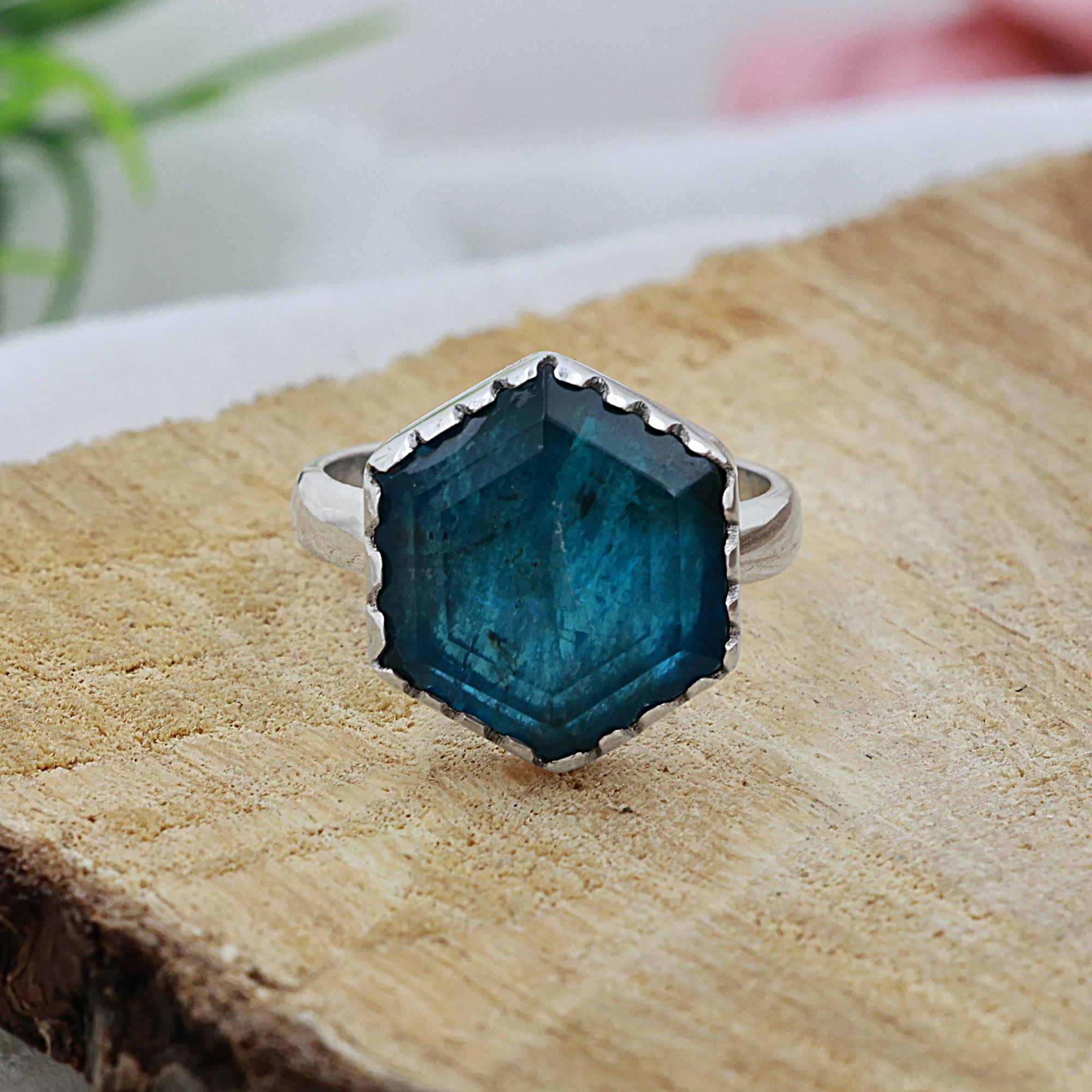 925 Sterling Silver Hexagon Apatite Ring 