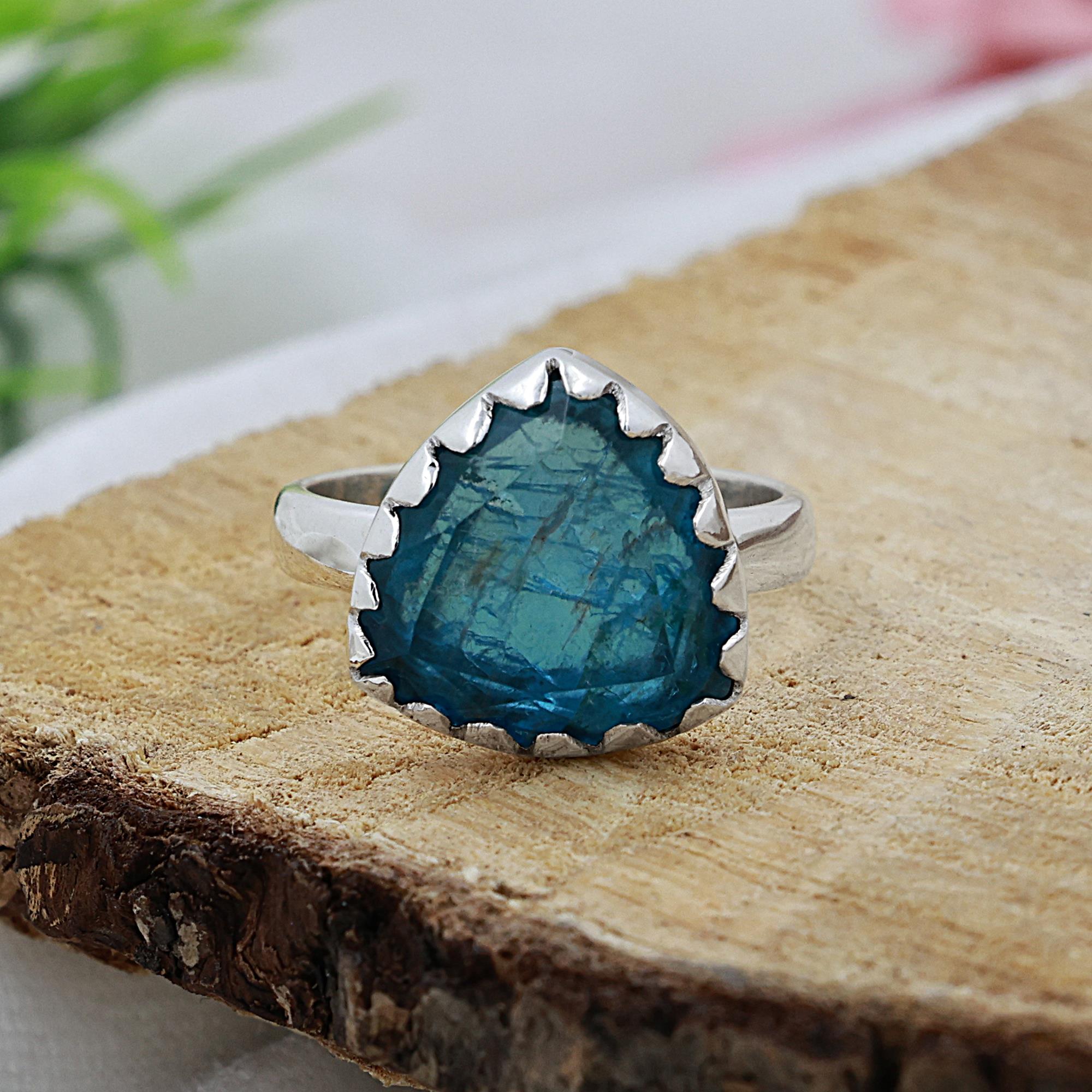 Apatite Trillion Shape Ring 925 Sterling Silver Jewelry 