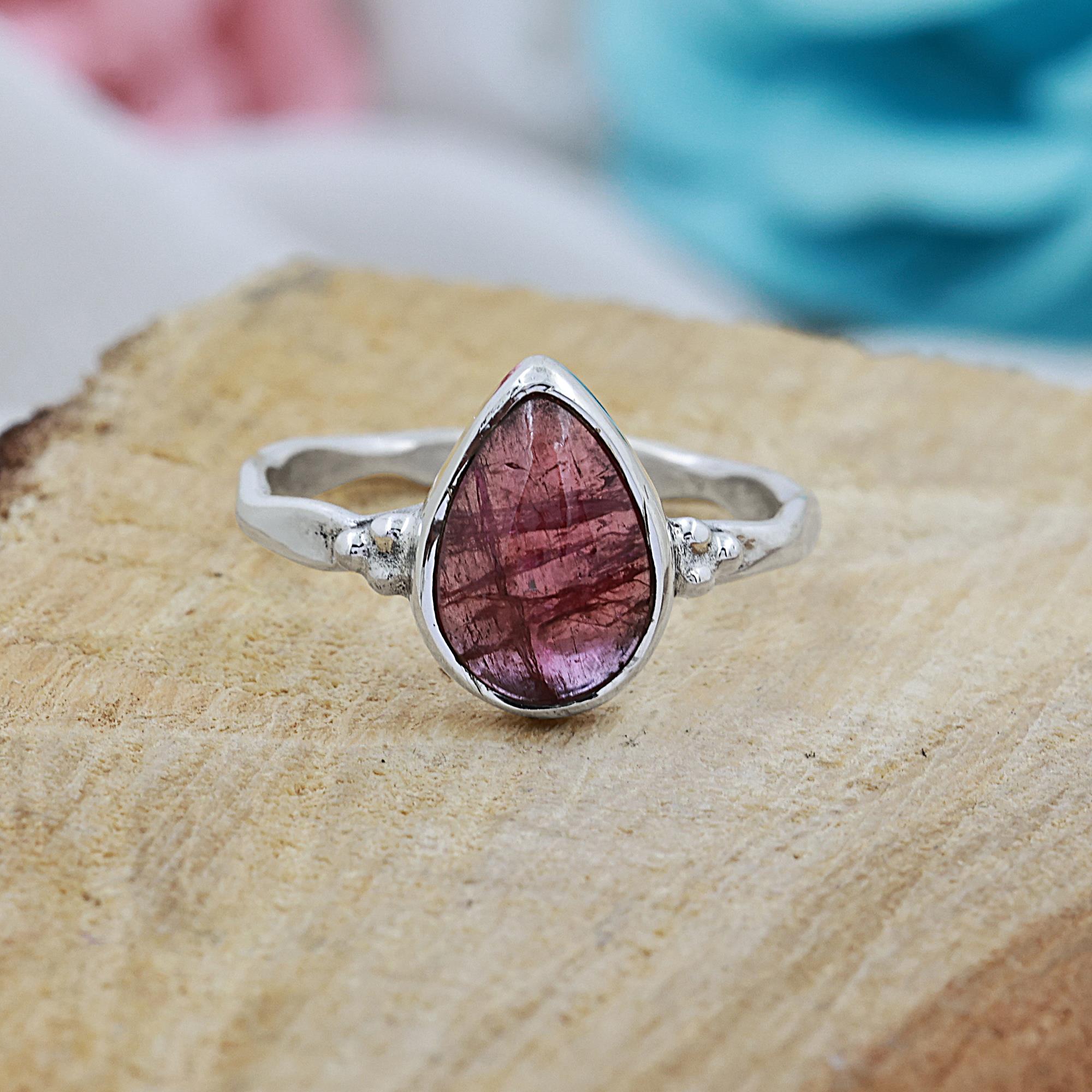 925 Sterling Silver Natural pink Tourmaline Pear Shape Ring  