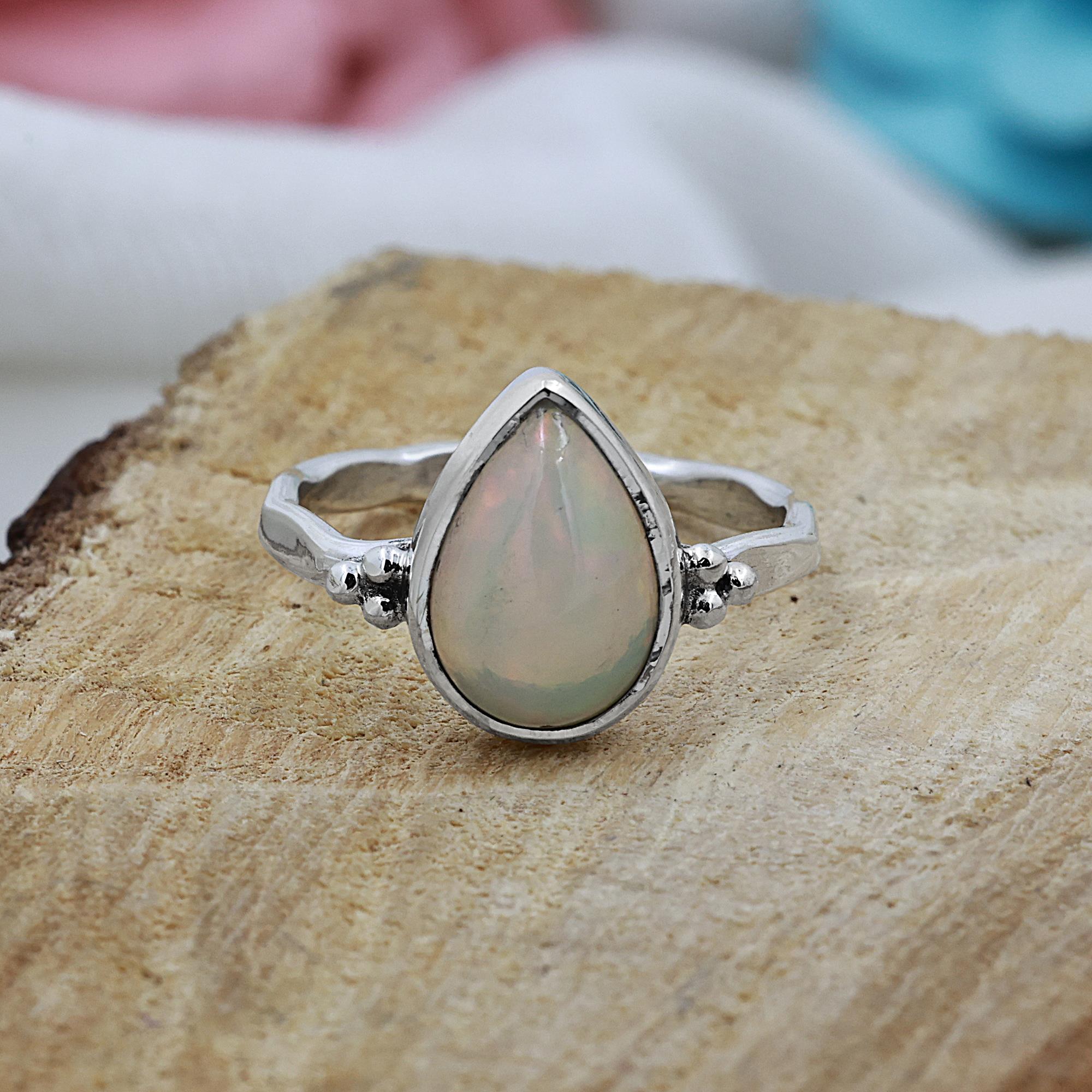 Natural Ethiopian Opal Pear Shape Ring 925 Sterling Silver Jewelry 