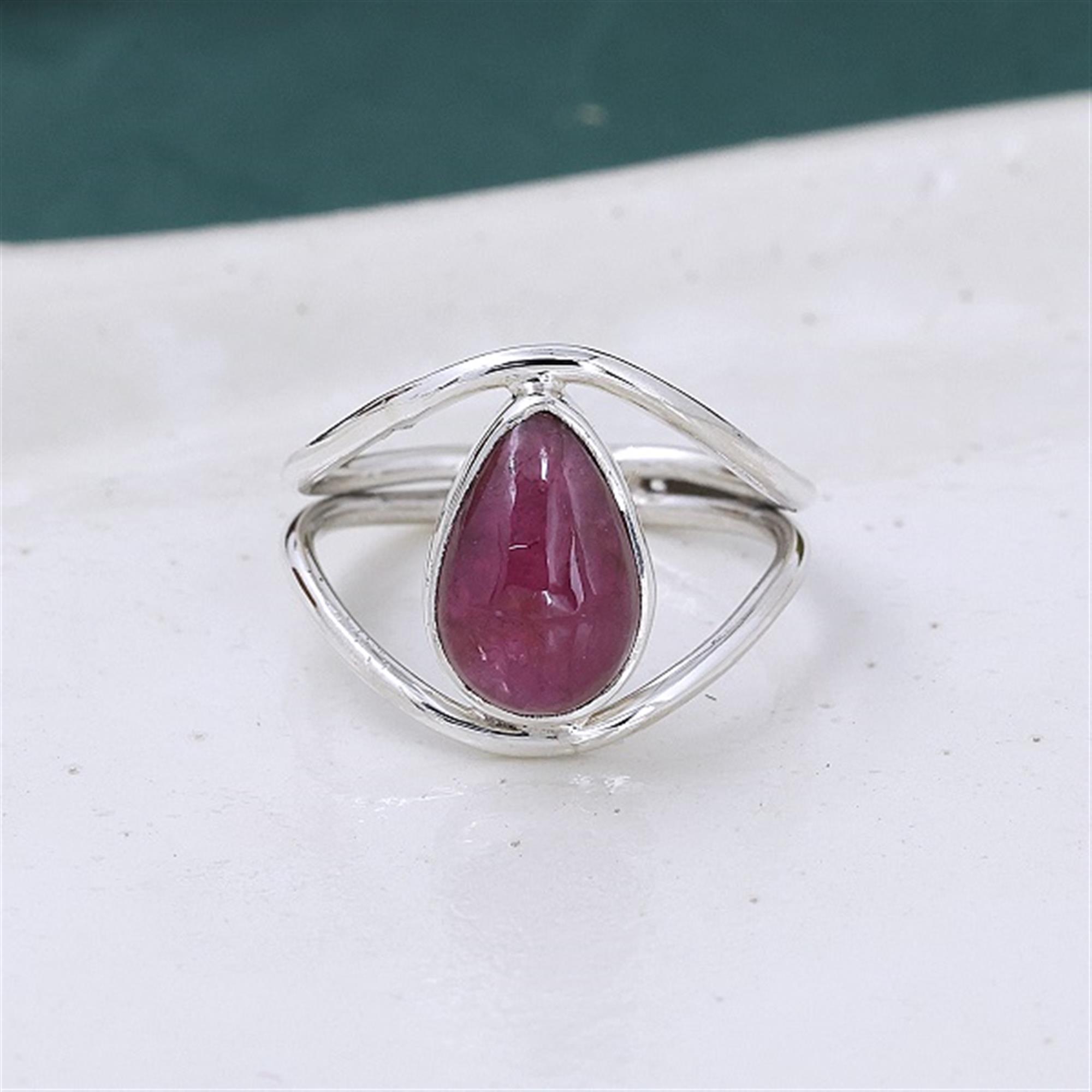 Genuine Pink Tourmaline Pear-Shaped Gemstone Ring in 925 Sterling Silver with Double Band US 8  