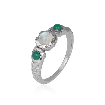 Buy 925 Sterling Silver Natural Moonstone & Green Onyx Women's Trilogy Ring Jewellery Supplier 