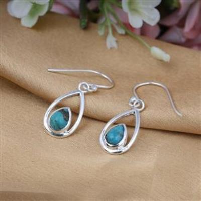 Teardrop Design Genuine Turquoise Dangling 925 Sterling Silver Earrings Fine Jewelry Supplier | Akrati Jewels Inc