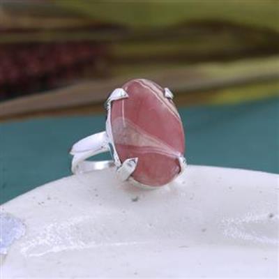 925 Sterling Silver Big Oval Shaped Rhodochrosite Ring US 8 | Akrati Jewels Inc