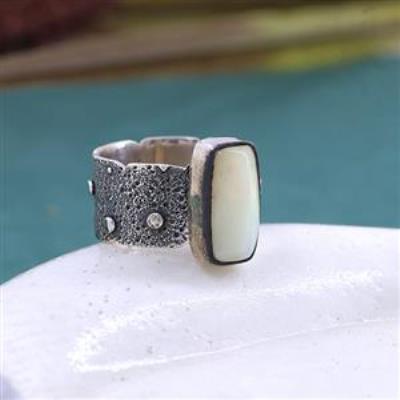  Ethiopian Opal Baguette Shape Ring 925 Sterling Silver Textured Band Jewelry US 8  | Akrati Jewels Inc