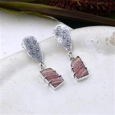 Long Rhodochrosite Textured 925 Sterling Silver Stud Earrings | Akrati Jewels Inc