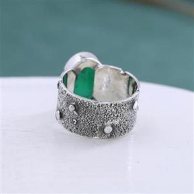 925 Sterling Silver Green Onyx Oval Shape Textured Band Men's Ring US 6  | Akrati Jewels Inc