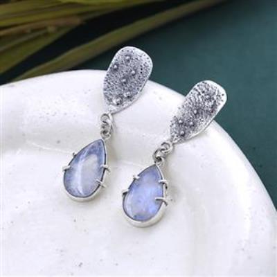 Blue Flash Moonstone Rustic Sterling Silver Drop Stud Earring | Akrati Jewels Inc