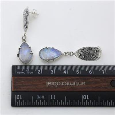 Blue Flash Moonstone Rustic Sterling Silver Drop Stud Earring | Akrati Jewels Inc