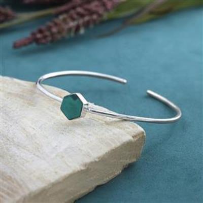 Elegant Hexagonal Green Malachite 925 Silver Boho Cuff Bangle Jewelry  | Akrati Jewels Inc