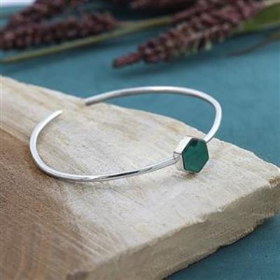 Elegant Hexagonal Green Malachite 925 Silver Boho Cuff Bangle Jewelry  | Akrati Jewels Inc