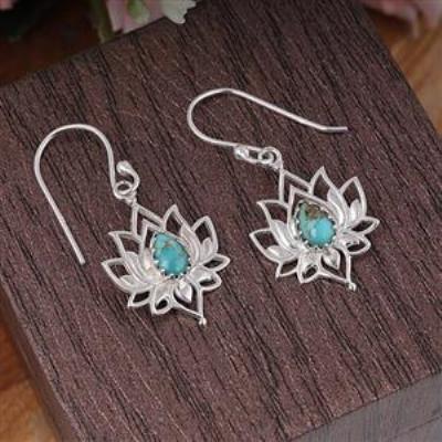 925 Sterling Silver Genuine Turquoise Gemstone Lotus Dangle Earring Fine Jewelry Wholesaler | Akrati Jewels Inc