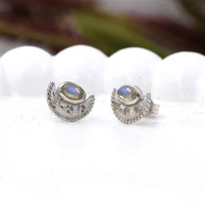 Half Moon Design Natural Labradorite 925 Sterling Silver Stud Earring Jewelry Supplier | Akrati Jewels Inc