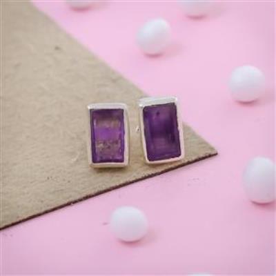 Rectangluo Amethyst Silver Earring Stud | Akrati Jewels Inc