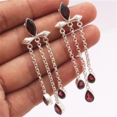 Dangling Garnet Gemstone Silver Earring | Akrati Jewels Inc