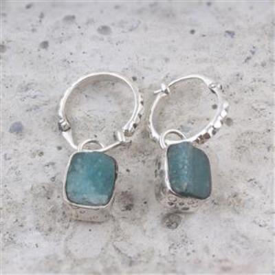 Aquamarine Rough Gemstone Sterling Silver Hoops Earring | Akrati Jewels Inc
