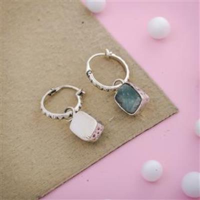 Aquamarine Rough Gemstone Sterling Silver Hoops Earring | Akrati Jewels Inc