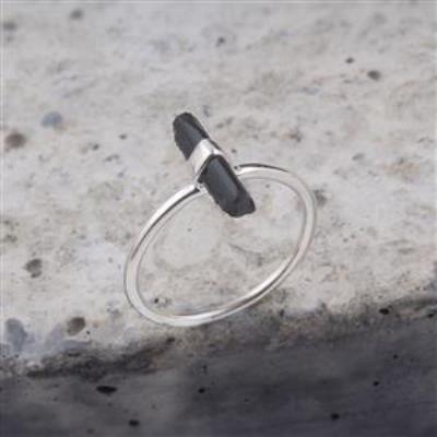 Natural Black Tourmaline Pencil Shape Stone Silver Ring | Akrati Jewels Inc