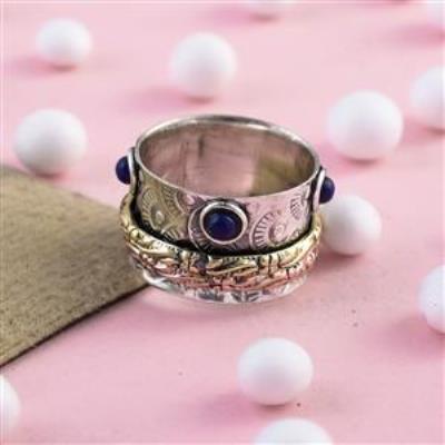 Lapis Lazuli Gemstone 3 Tone Silver Spinner Ring | Akrati Jewels Inc