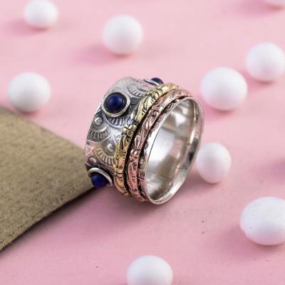 Lapis Lazuli Gemstone 3 Tone Silver Spinner Ring | Akrati Jewels Inc