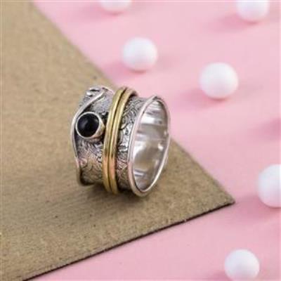 Textured Look Sterling Silver Black Onyx Spinner Ring | Akrati Jewels Inc