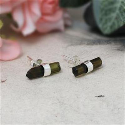 Natural Raw Pencil Tourmaline Sterling Silver Dainty Stud Earrings | Akrati Jewels Inc