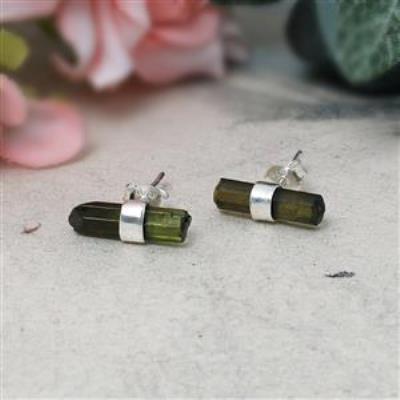 Natural Raw Pencil Tourmaline Sterling Silver Dainty Stud Earrings | Akrati Jewels Inc