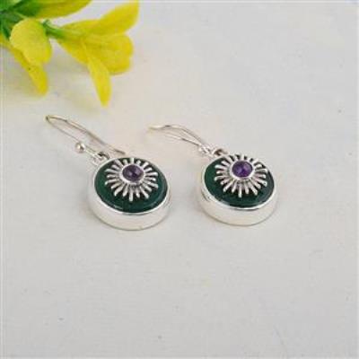 amazing natural amethyst and green onyx multi gemstone sterling silver dangle earrings | Akrati Jewels Inc