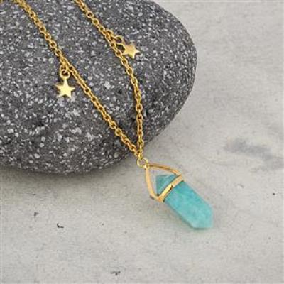 Natural Amazonite Pencil Shape 925 Sterling Silver Reiki Point Pendulum Pendant Necklace With Star Charms On The Chain  | Akrati Jewels Inc