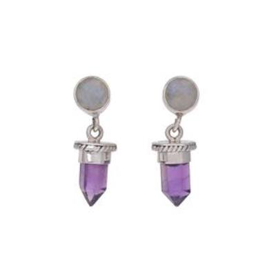 Moonstone & Amethyst Pencil Earring Sterling Silver Wholesale Jewelry | Akrati Jewels Inc