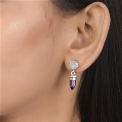 Moonstone & Amethyst Pencil Earring Sterling Silver Wholesale Jewelry | Akrati Jewels Inc