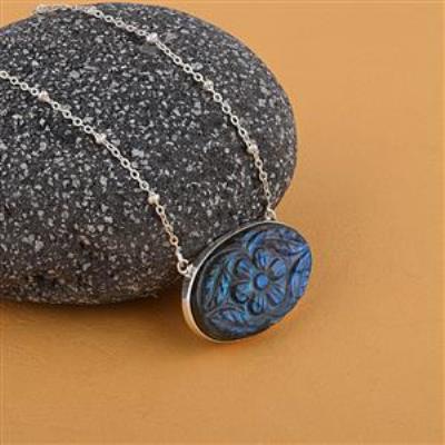 Handmade Flower Carving Natural Oval Shape Labradorite Sterling Silver Pendant Necklace   | Akrati Jewels Inc