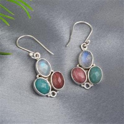Rainbow Moonstone, Amazonite, Rhodolite Gemstone Sterling Silver Multi Stone Gemstone Hook Dangle Earrings | Akrati Jewels Inc