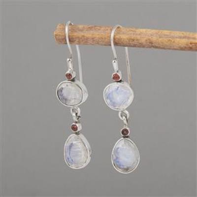Natural Multi Oval Flashy Moonstone and Garnet Sterling Silver Dangle Earrings Wholesaler | Akrati Jewels Inc