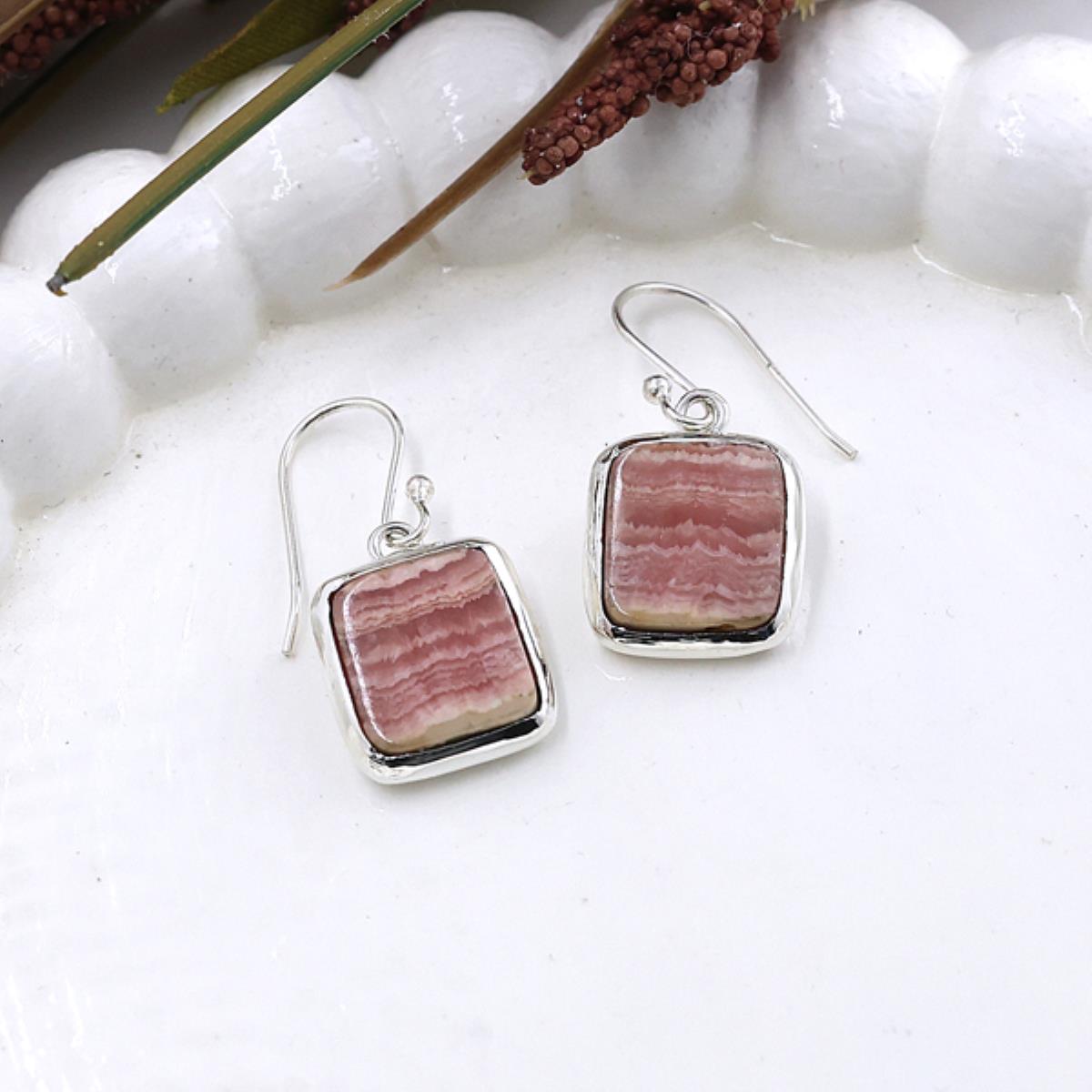Rhodochrosite square Shape Silver Earring | Akrati Jewels Inc