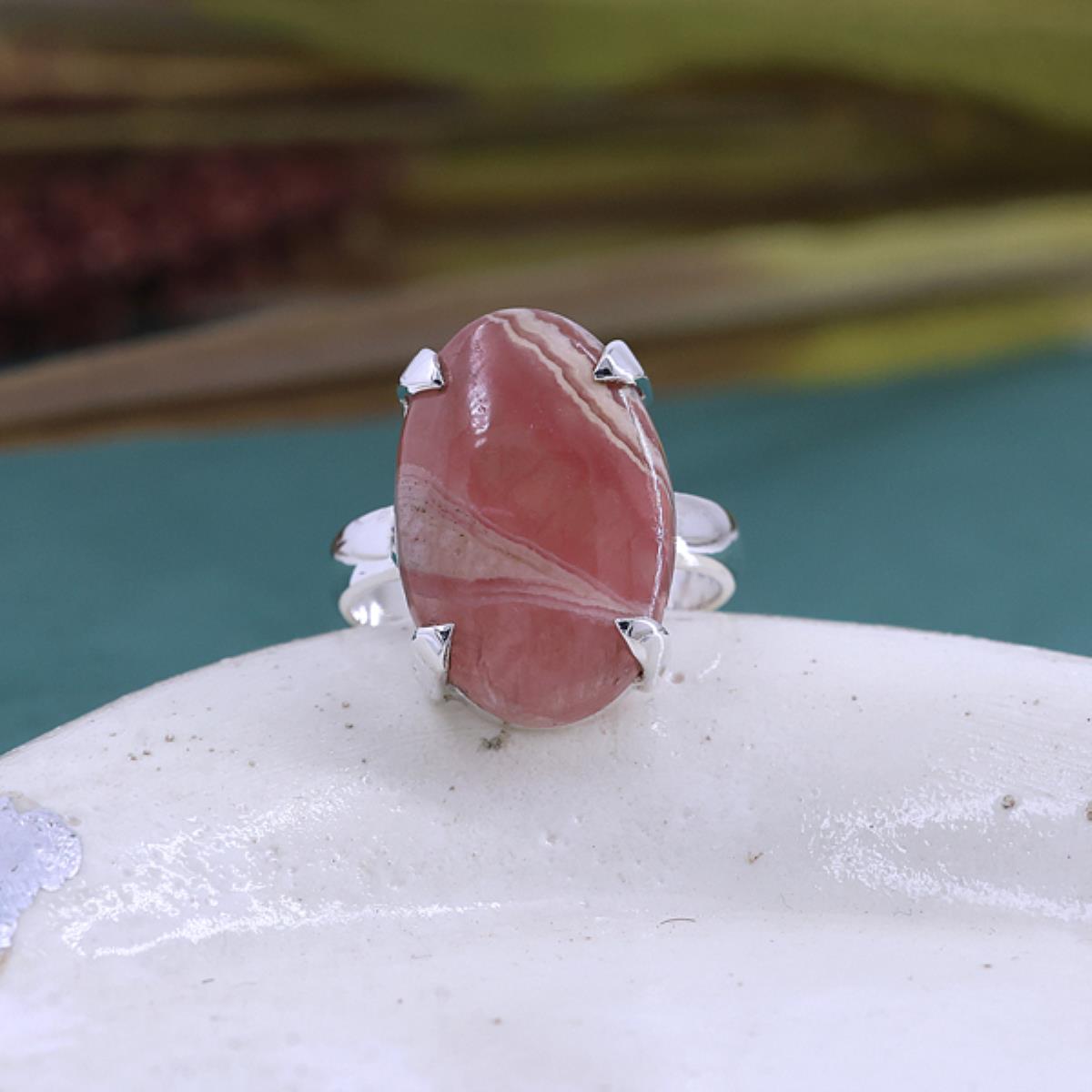 925 Sterling Silver Big Oval Shaped Rhodochrosite Ring US 8 | Akrati Jewels Inc