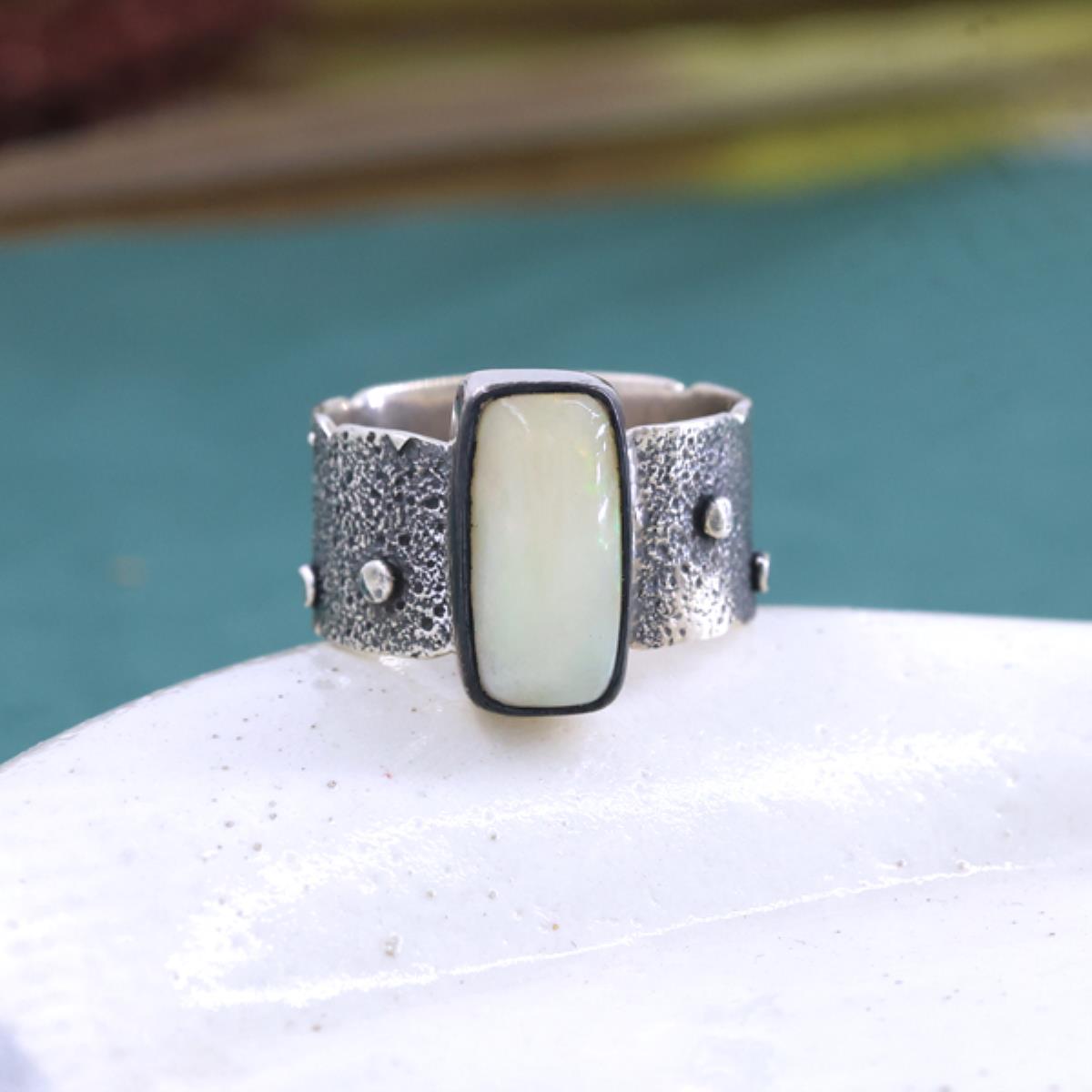 Ethiopian Opal Baguette Shape Ring 925 Sterling Silver Textured Band Jewelry US 8  | Akrati Jewels Inc