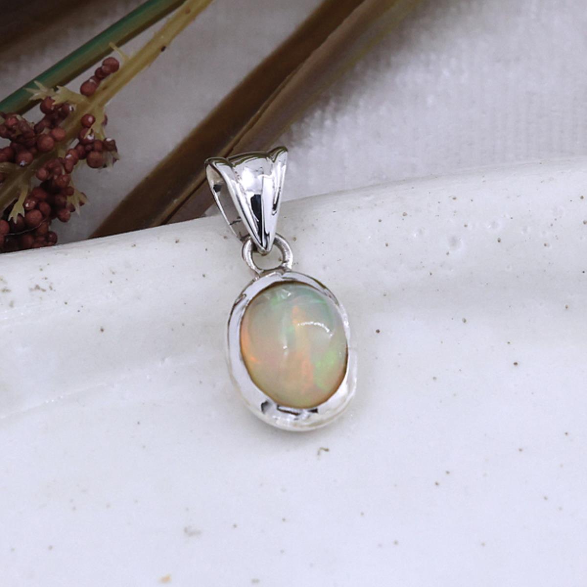 Minimalist Ethiopian Opal Oval Shaped Silver Pendant  | Akrati Jewels Inc