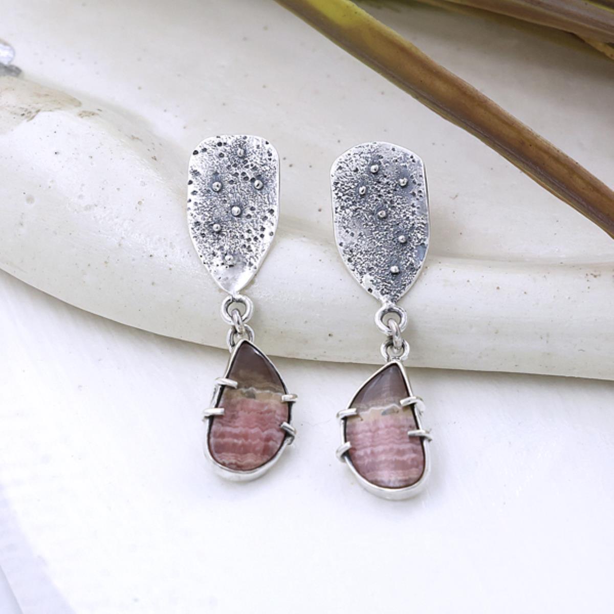 Pink Rhodochrosite Rustic Sterling Silver Drop Earrings  | Akrati Jewels Inc