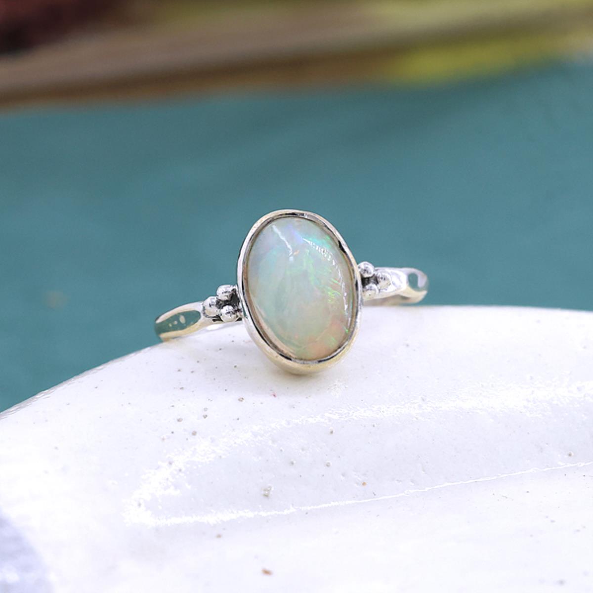 925 Sterling Silver Ethiopian Opal Oval Shaped Band Ring US 9 | Akrati Jewels Inc