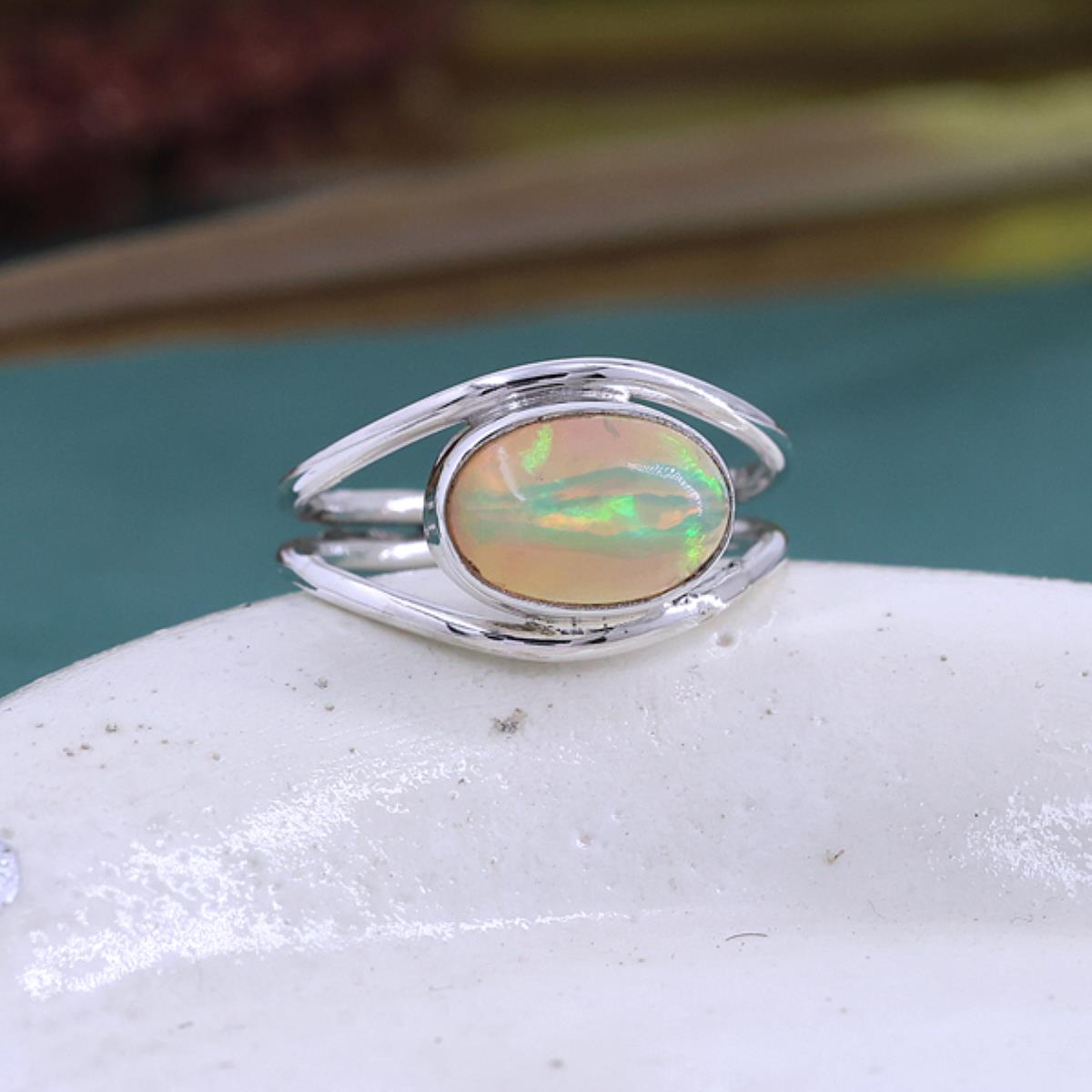 925 Sterling Silver Ethiopian Opal Oval Shaped Split Band Ring US 8 | Akrati Jewels Inc