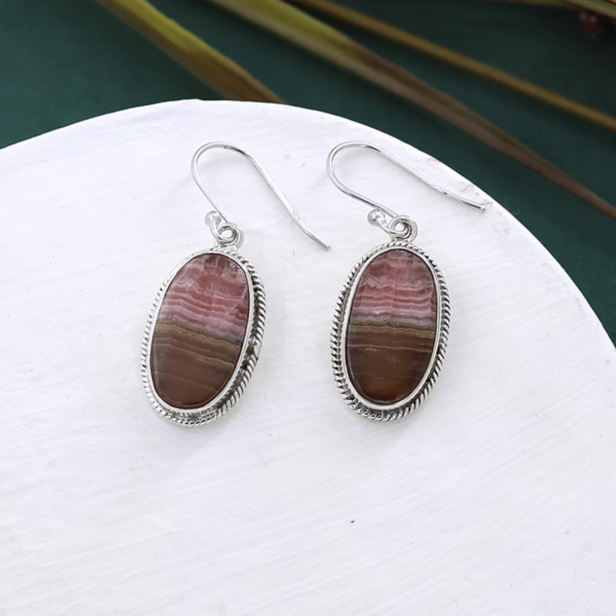 Rhodochrosite Oval Shape Sterling Silver Dangle Earring | Akrati Jewels Inc