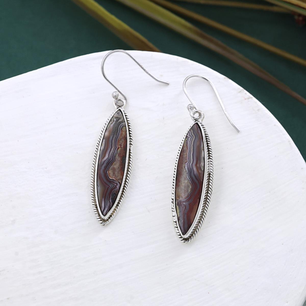 Elegant Looking Marquise Shape Crazy Lace Agate Silver Long Earring | Akrati Jewels Inc