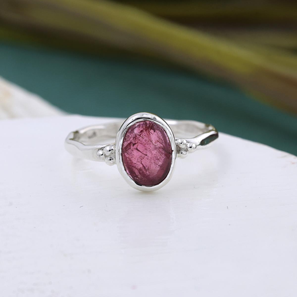 Pink Tourmaline Oval Shape 925 Sterling Silver Band Ring US 8.75 | Akrati Jewels Inc