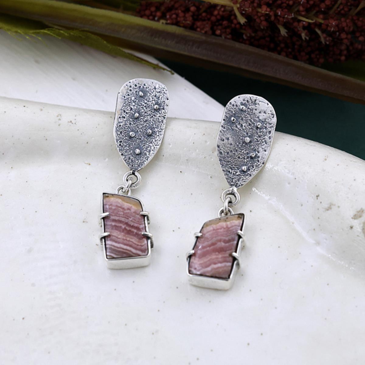 Long Rhodochrosite Textured 925 Sterling Silver Stud Earrings | Akrati Jewels Inc