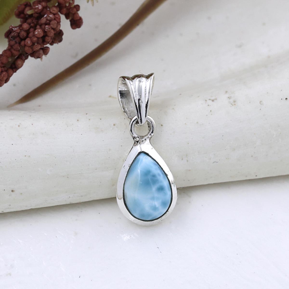 Blue Ocean Larimar Teardrop Pendant in 925 Sterling Silver | Akrati Jewels Inc