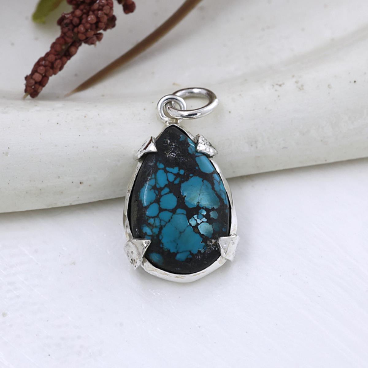 Pear-Shaped Tibetan Turquoise Sterling Silver Pendant Jewelry For Woman | Akrati Jewels Inc